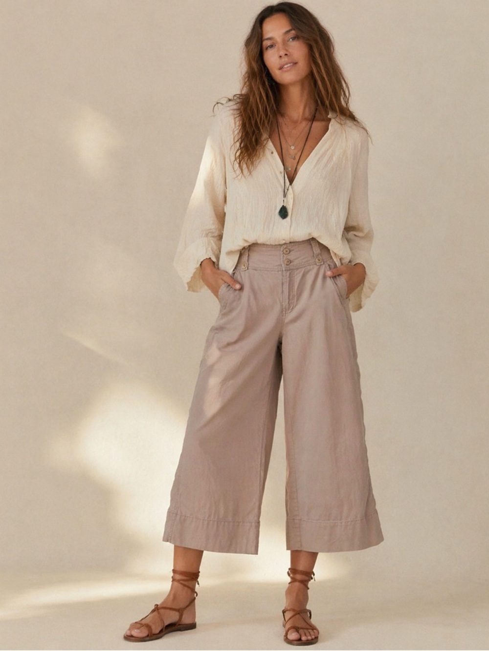 Sundance Cropped‎ Wide Leg Cotton Linen Blend Pants Button Detail Boho Size 6